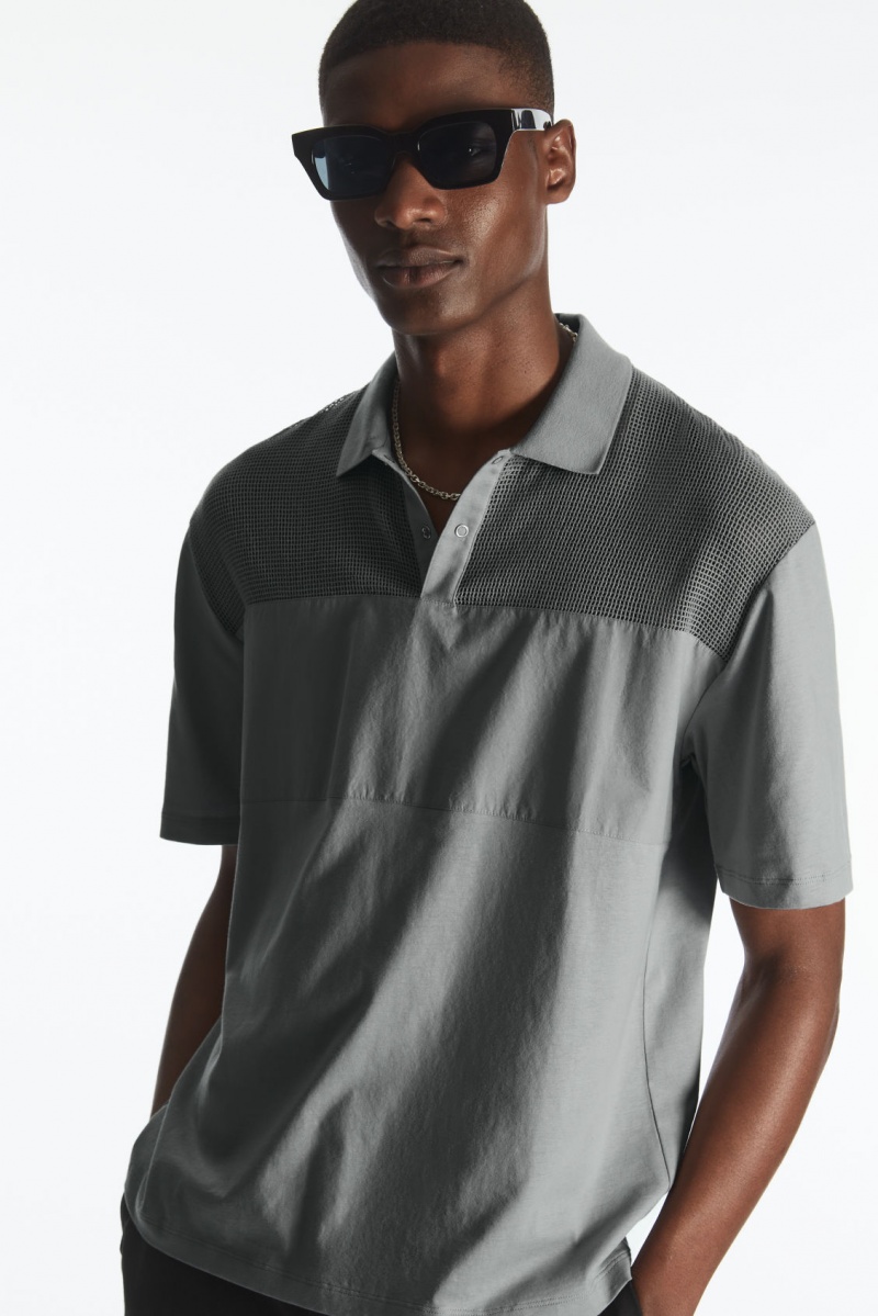 Men\'s COS Mesh-Panel Polo Shirts Grey NZ-60ESMCZAH