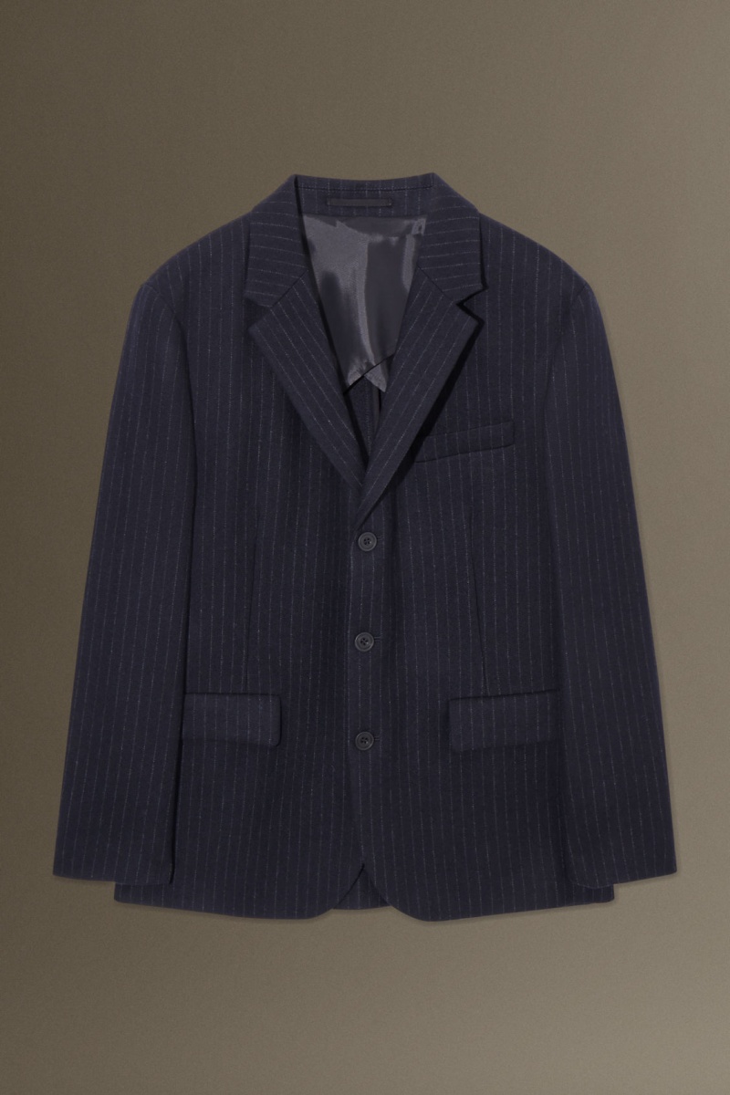 Men's COS Pinstriped Wool Regular Blazer Navy NZ-47QEOKNIU