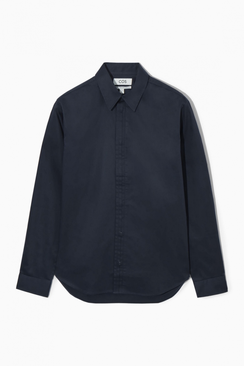 Men's COS Pleated-Placket Dress Navy NZ-80CTRMNOY