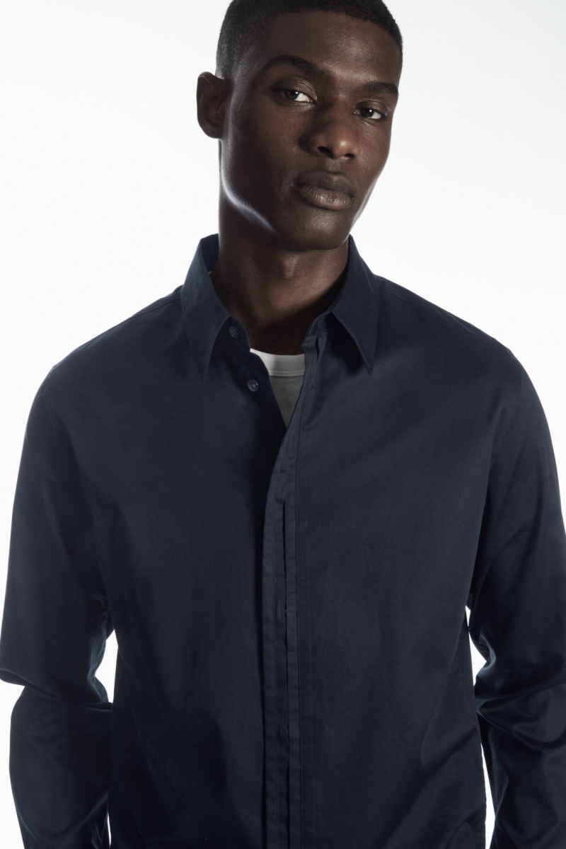 Men\'s COS Pleated-Placket Dress Navy NZ-80CTRMNOY