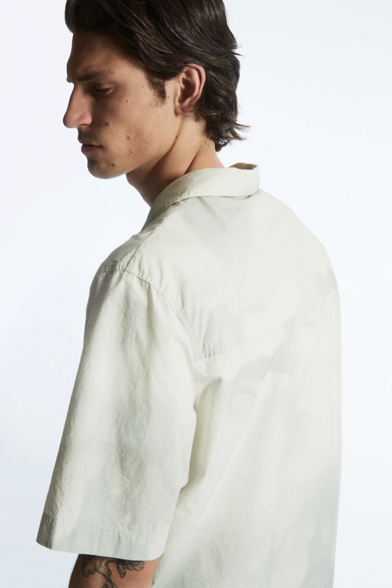 Men's COS Printed Half-Placket Short-Sleeved Shirts White / Green NZ-86SOIMCKR