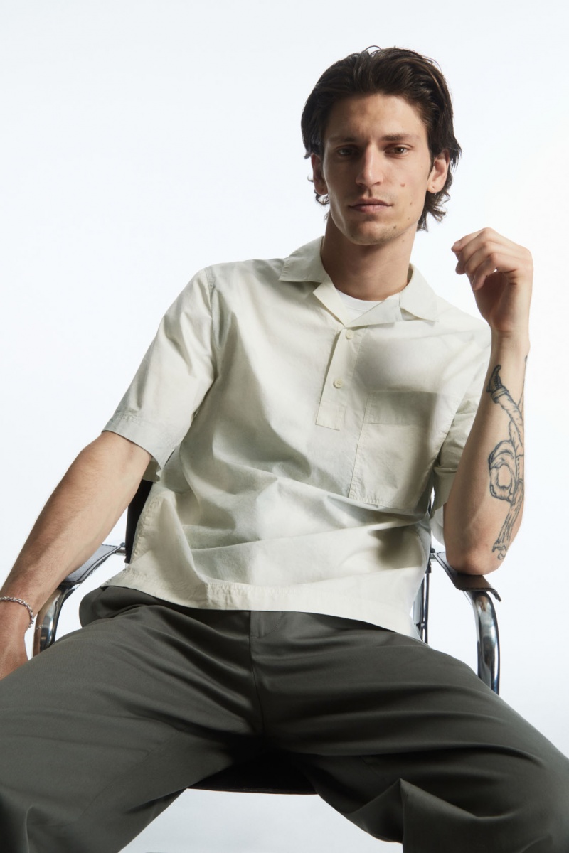 Men's COS Printed Half-Placket Short-Sleeved Shirts White / Green NZ-86SOIMCKR