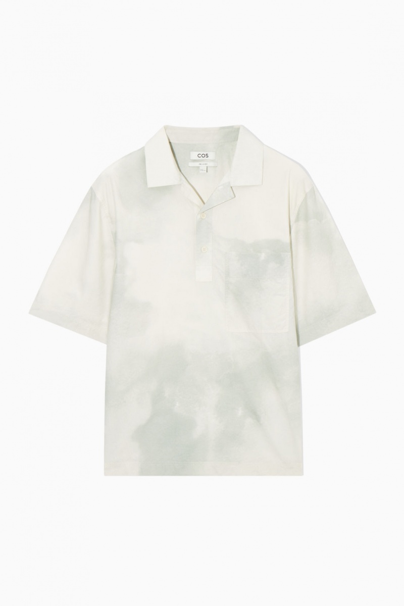 Men's COS Printed Half-Placket Short-Sleeved Shirts White / Green NZ-86SOIMCKR