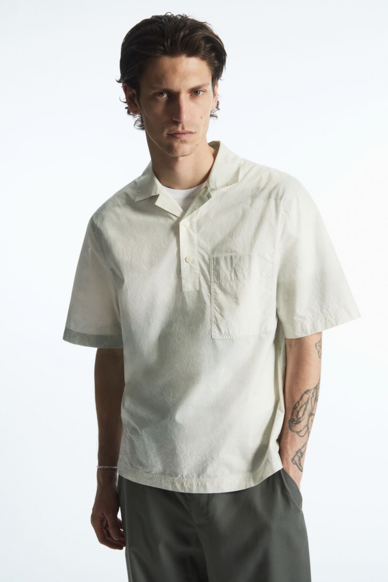 Men\'s COS Printed Half-Placket Short-Sleeved Shirts White / Green NZ-86SOIMCKR
