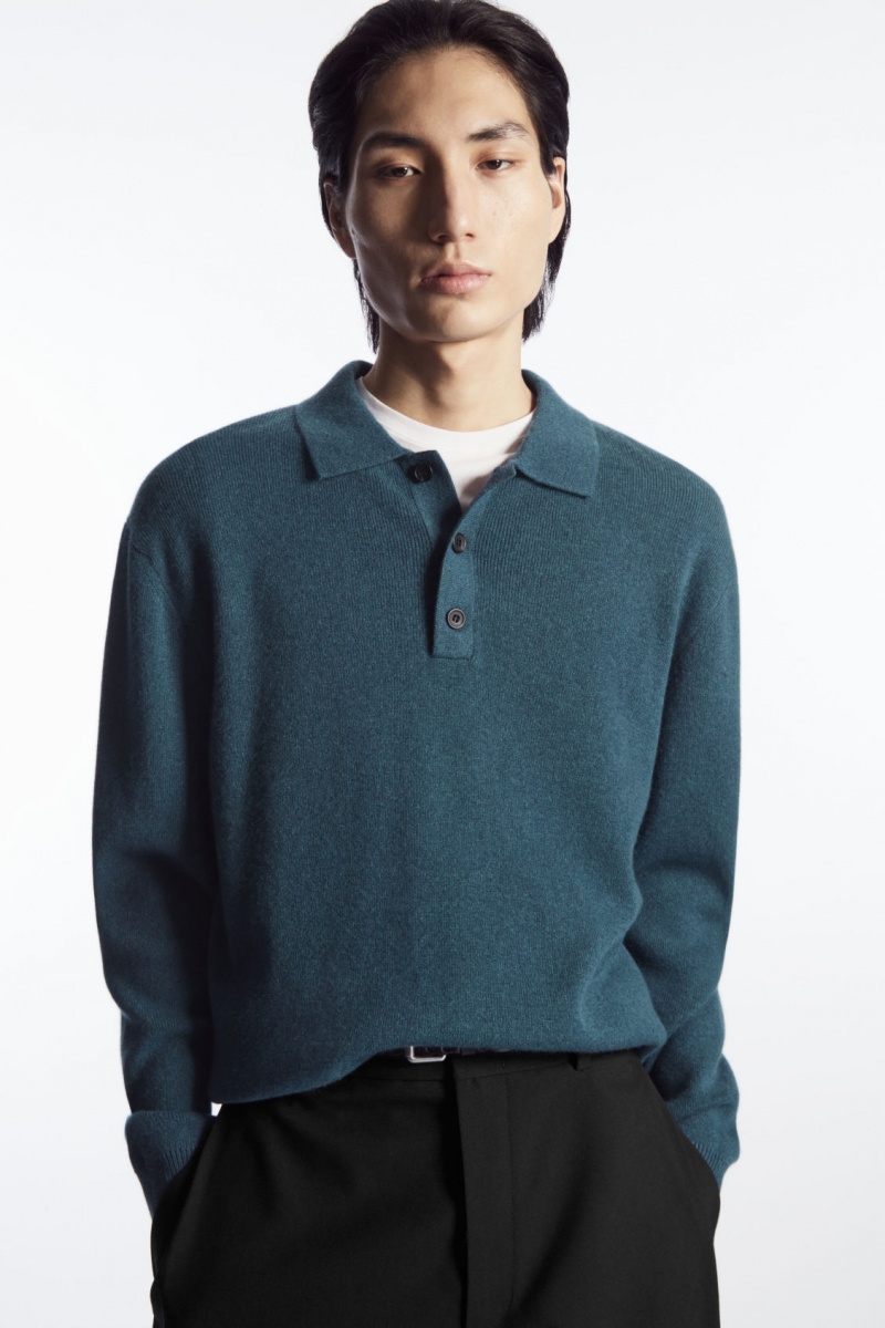 Men's COS Pure Cashmere Polo Shirts Turquoise NZ-41ENRCWSH