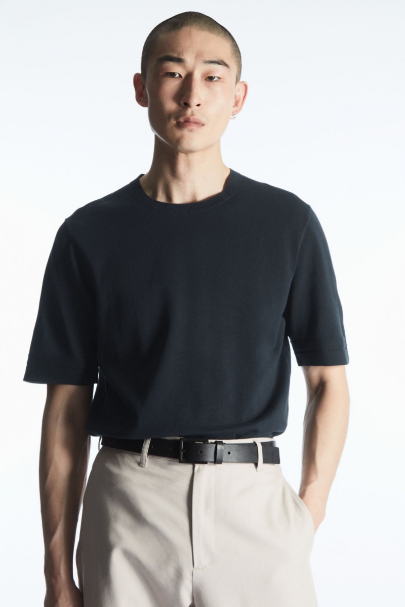 Men's COS Regular-Fit Knitted-Cuff T-Shirt Navy NZ-67CDAHLKJ