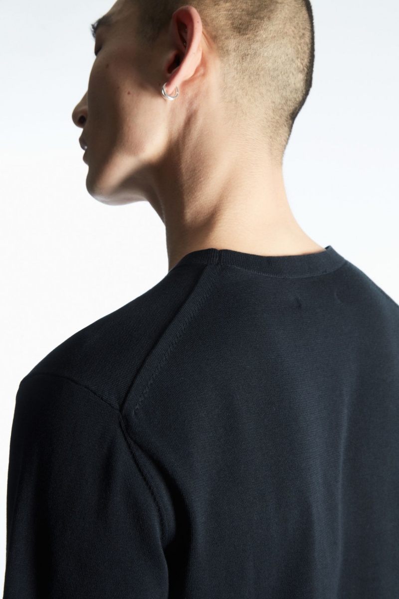 Men's COS Regular-Fit Knitted-Cuff T-Shirt Navy NZ-67CDAHLKJ