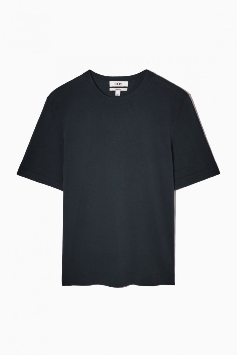 Men's COS Regular-Fit Knitted-Cuff T-Shirt Navy NZ-67CDAHLKJ