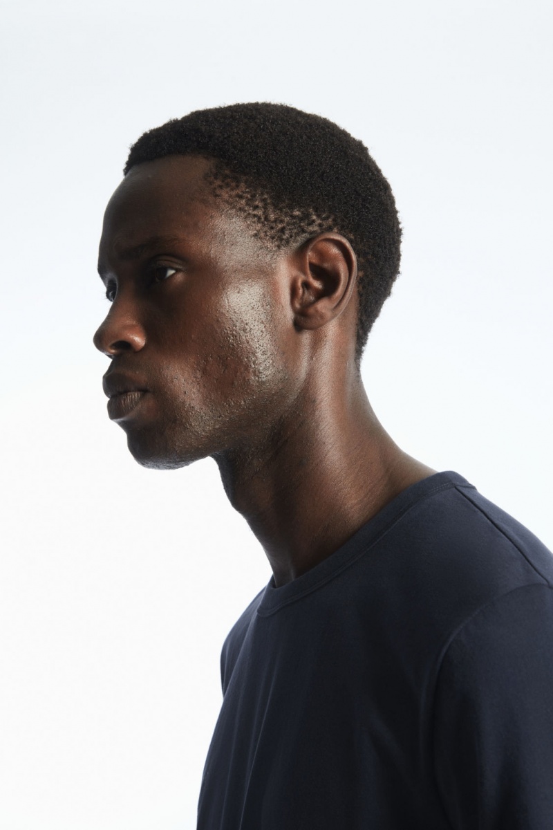 Men's COS Regular-Fit Mid-Weight Brushed T-Shirt Navy NZ-64SWPIHVE