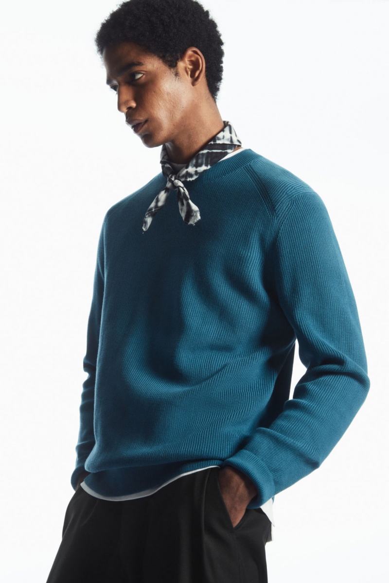 Men\'s COS Ribbed-Knit Sweaters Dark Turquoise NZ-15TUXQIHA