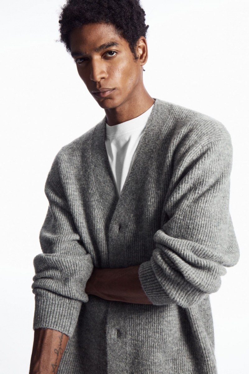 Men\'s COS Ribbed Wool-Blend Cardigan Grey NZ-04WOTZMEI