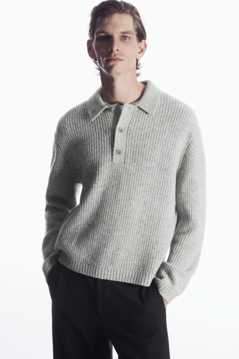 Men's COS Ribbed Wool And Cashmere-Blend Polo Shirts Light Grey NZ-42OWUQANT