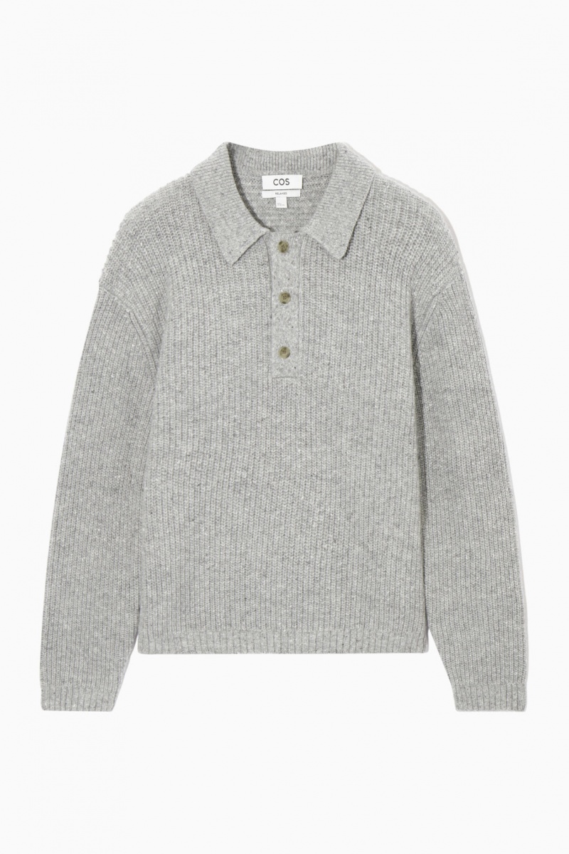Men's COS Ribbed Wool And Cashmere-Blend Polo Shirts Light Grey NZ-42OWUQANT