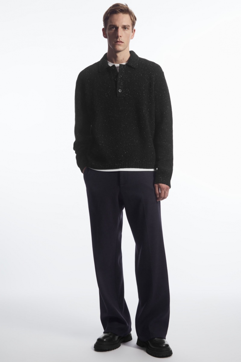 Men's COS Ribbed Wool And Cashmere-Blend Polo Shirts Black NZ-39VTCIAWS