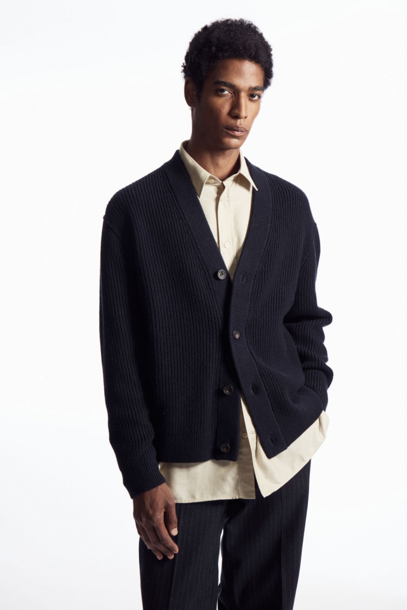 Men's COS Ribbed Wool And Cashmere Cardigan Navy NZ-39IEUNDLP