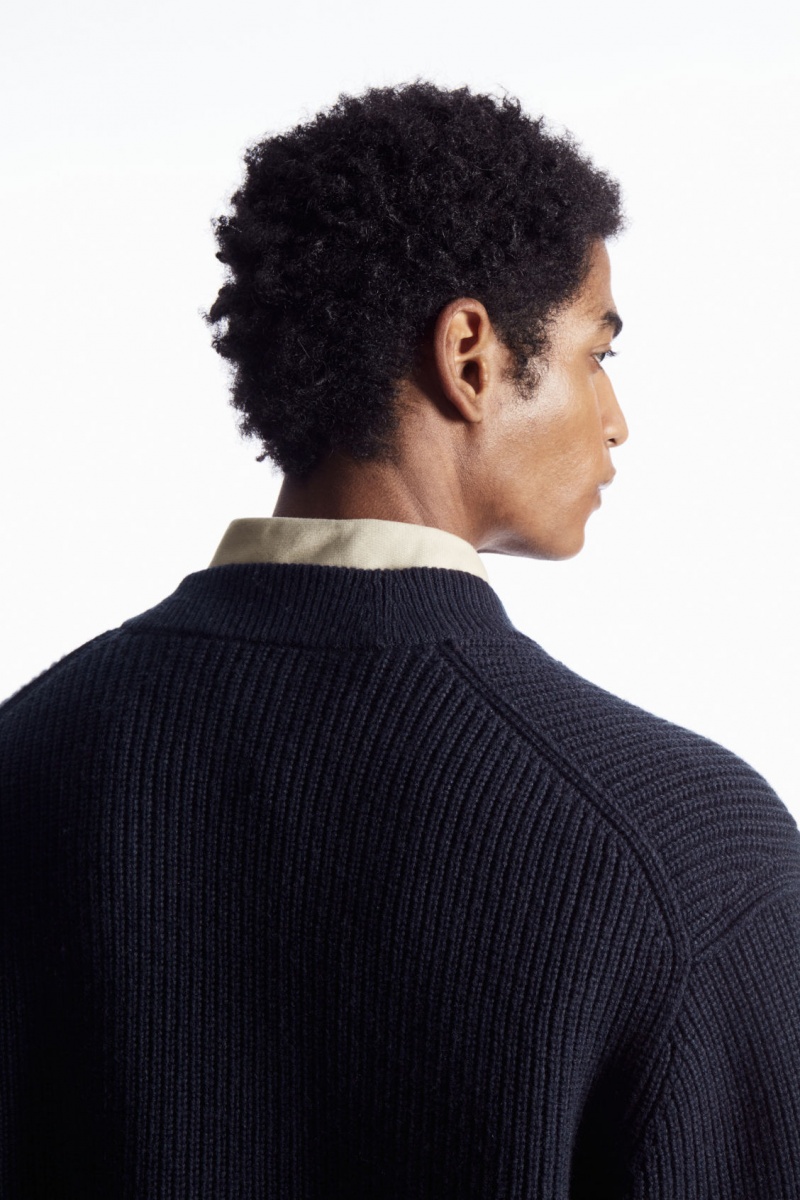 Men's COS Ribbed Wool And Cashmere Cardigan Navy NZ-39IEUNDLP