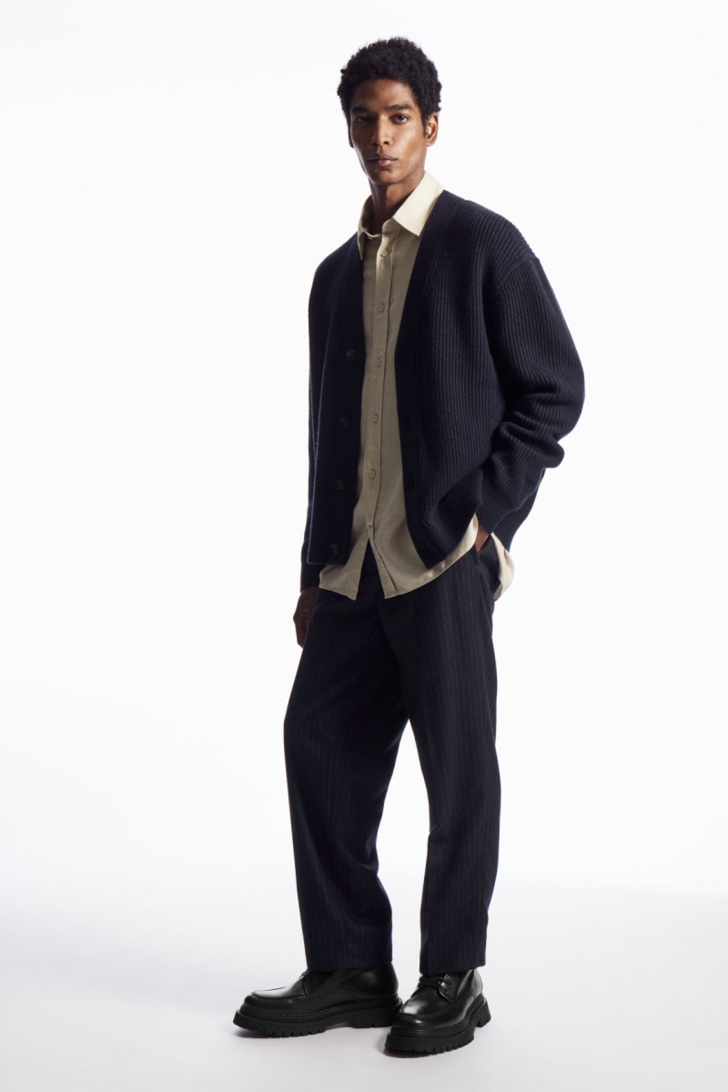 Men\'s COS Ribbed Wool And Cashmere Cardigan Navy NZ-39IEUNDLP