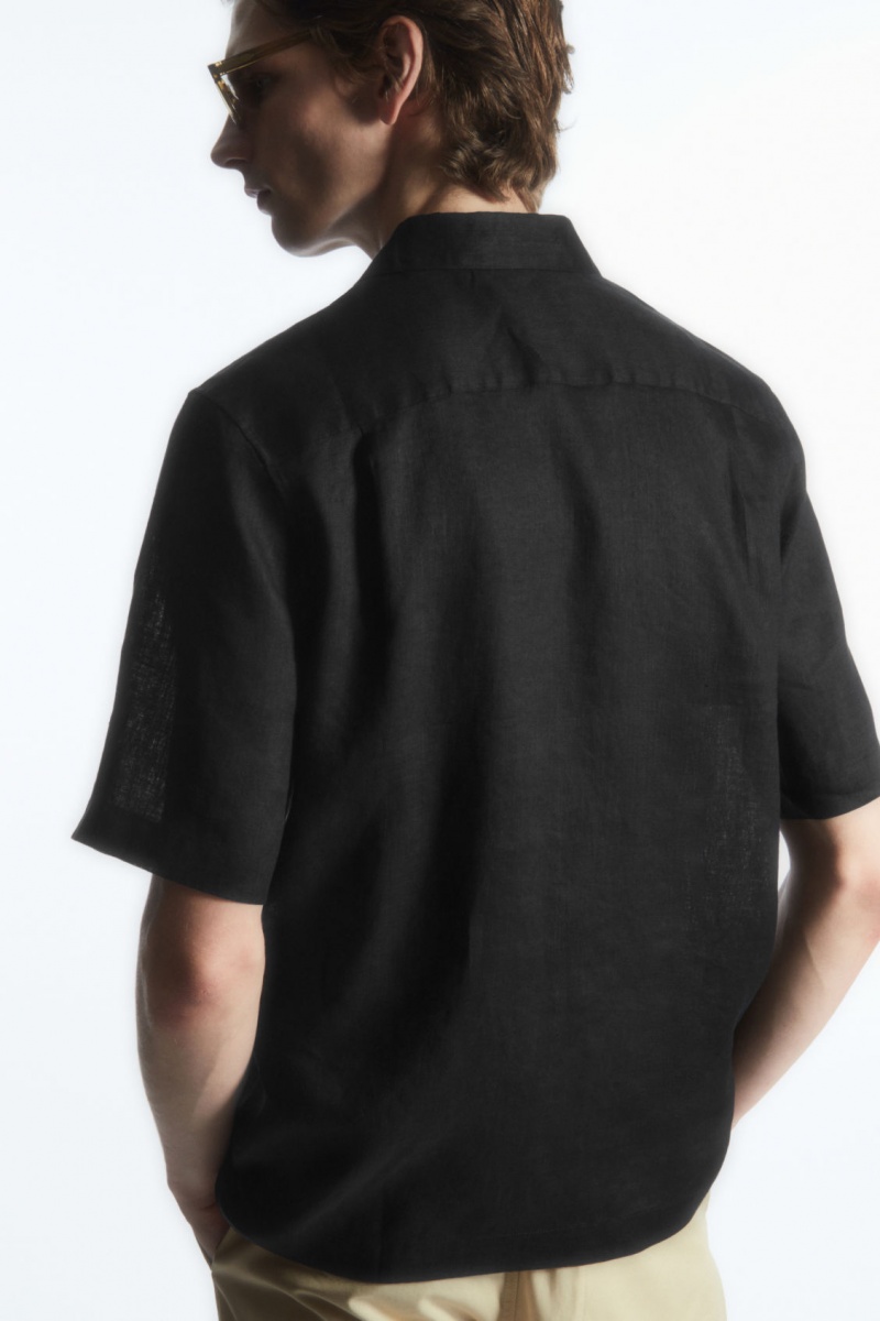 Men's COS Short-Sleeved Linen Shirts Black NZ-17FRDECIL
