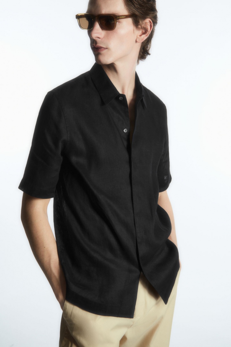 Men\'s COS Short-Sleeved Linen Shirts Black NZ-17FRDECIL