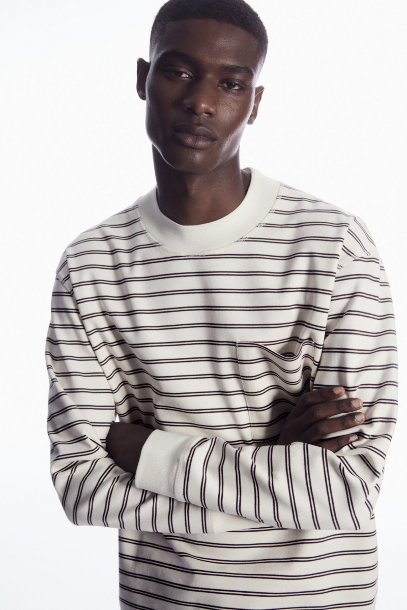 Men's COS Striped Mock-Neck Long-Sleeved T-Shirt White NZ-04WOXVSNK