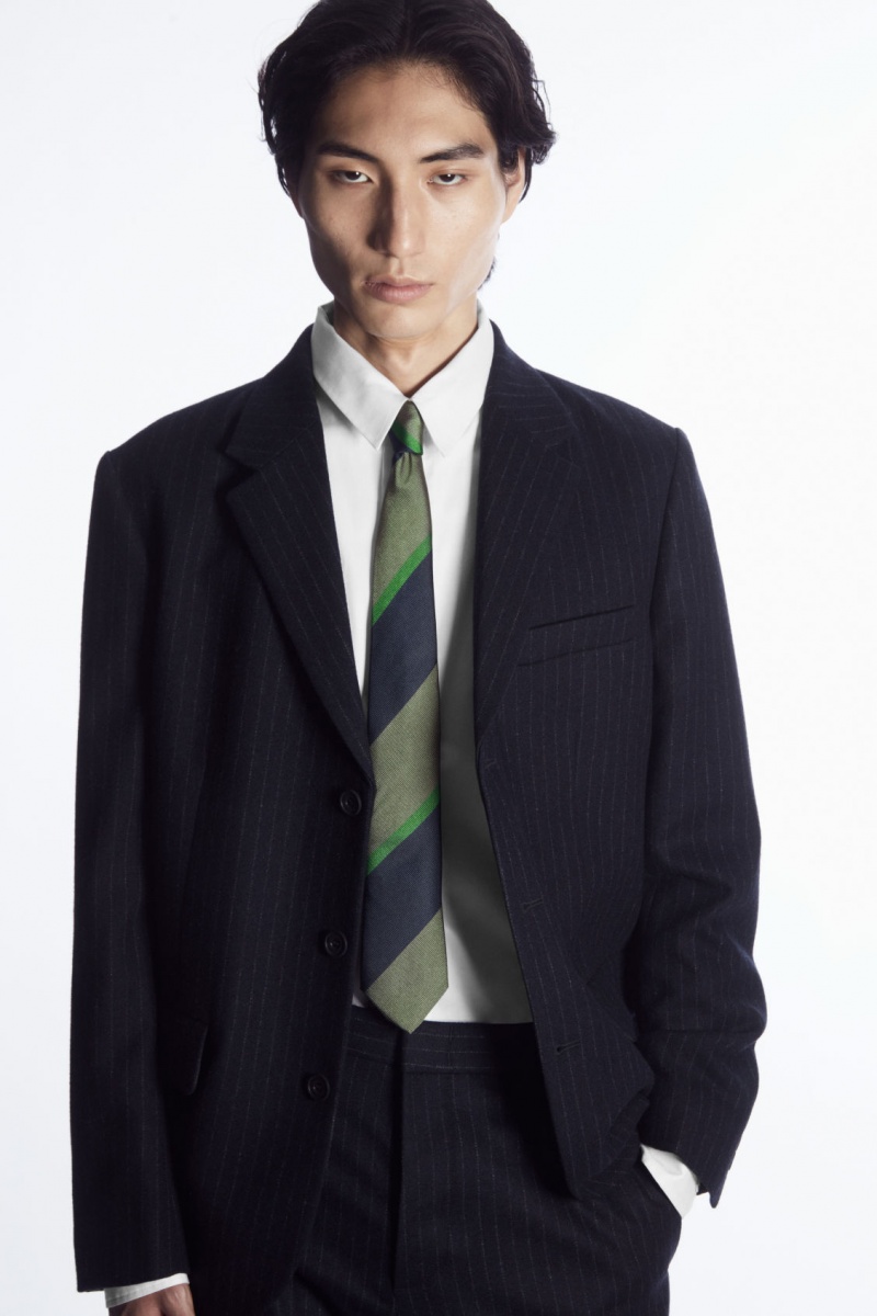 Men's COS Striped Pure Silk Ties Khaki Green NZ-41VYKEOUS