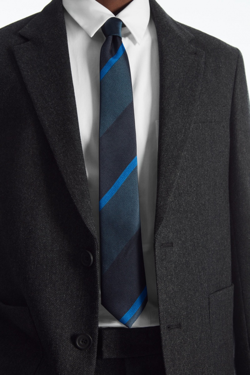 Men's COS Striped Pure Silk Ties Navy / Blue NZ-68EIMAFDX