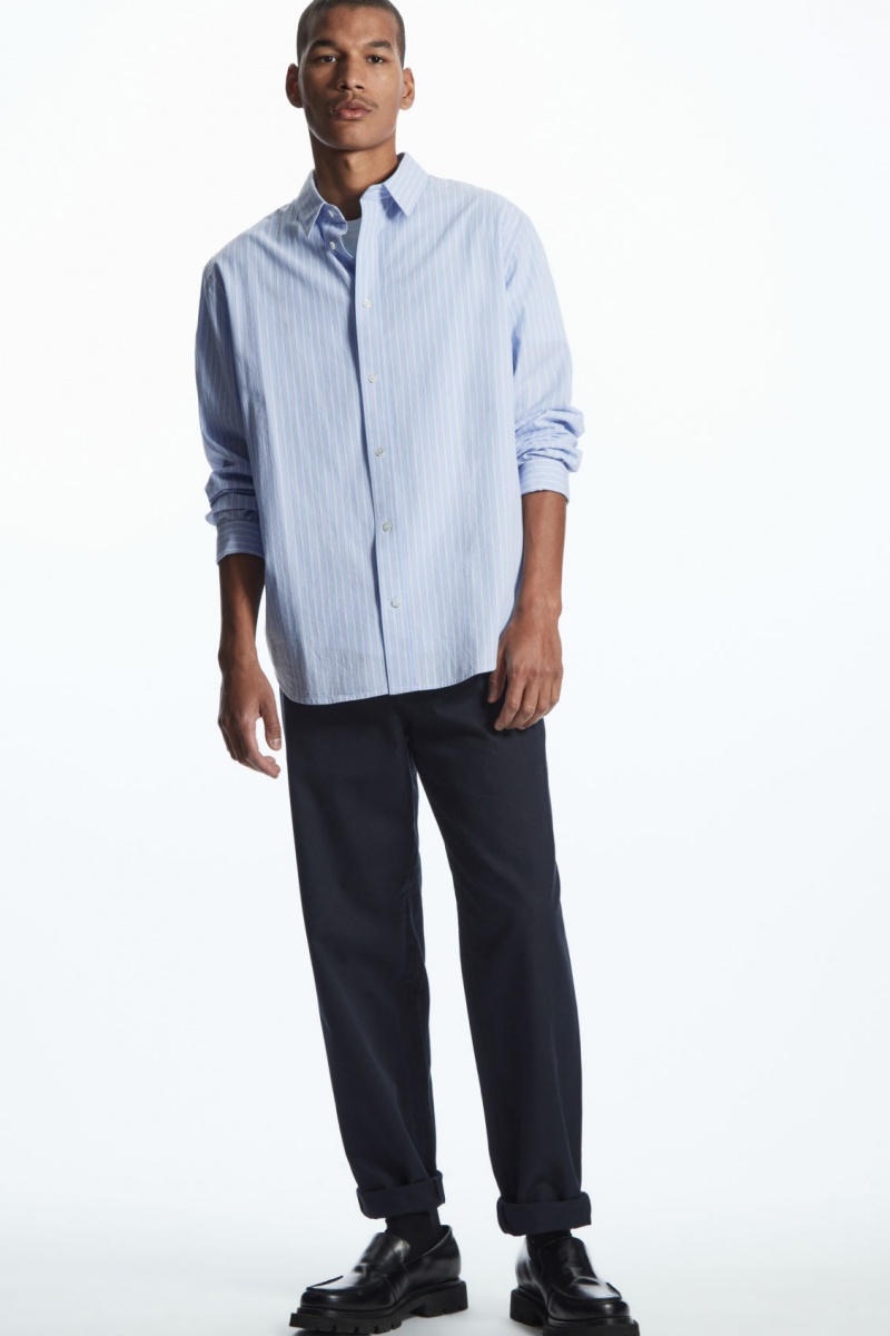 Men\'s COS Tapered Pleated Twill Chino Pants Navy NZ-60IGNWMUE