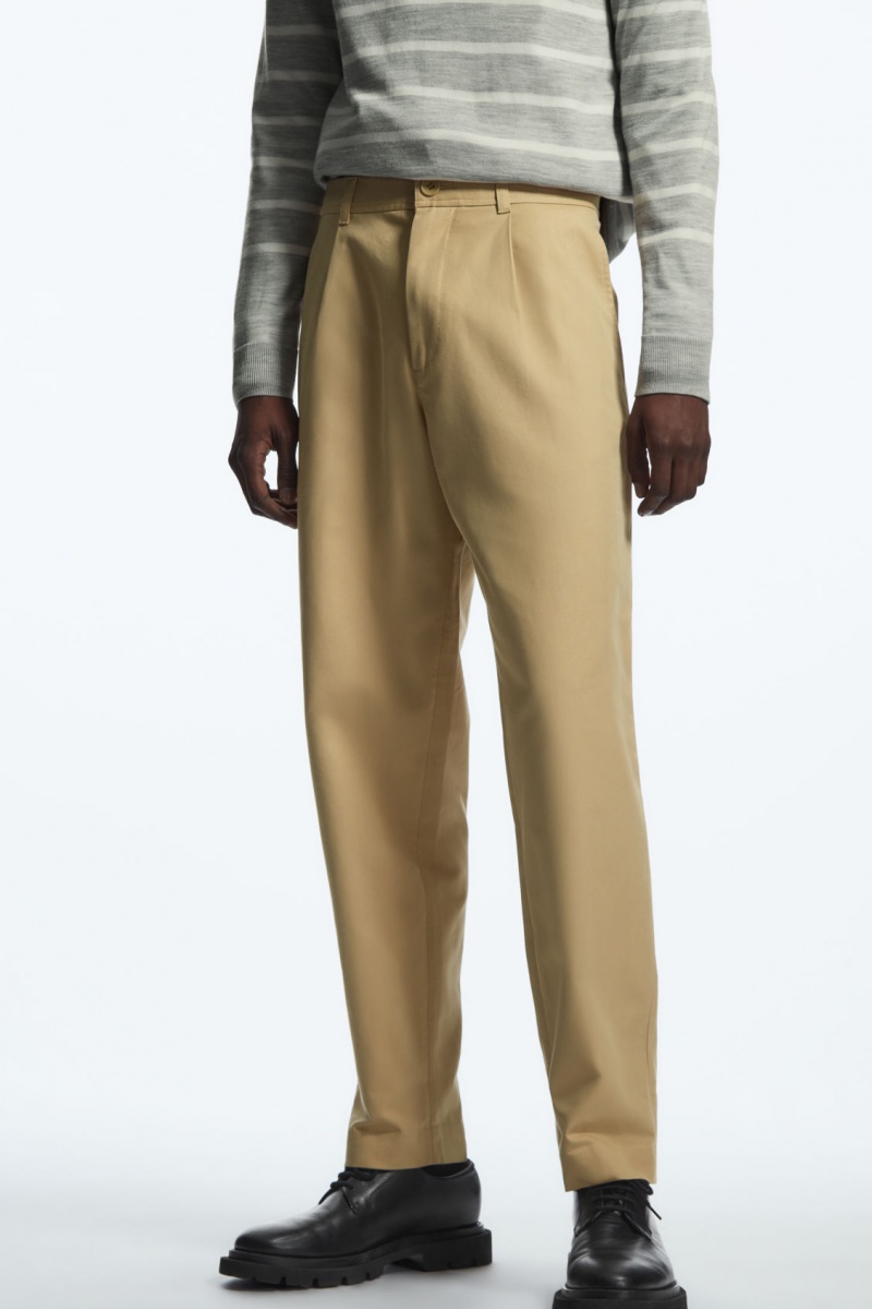 Men's COS Tapered Pleated Twill Chino Pants Beige NZ-63IGAVHYC
