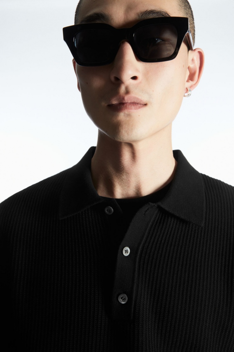 Men's COS Textured Knitted Polo Shirts Black NZ-78JITXMRY