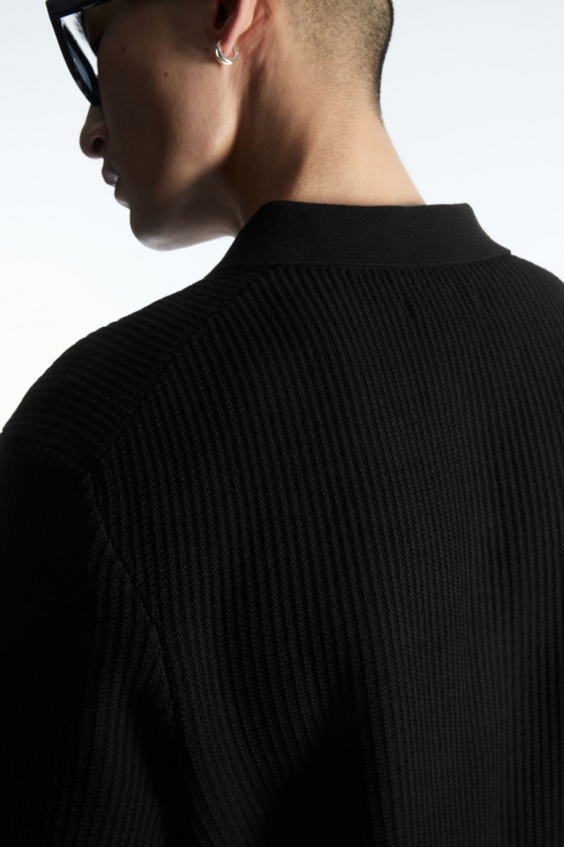 Men's COS Textured Knitted Polo Shirts Black NZ-78JITXMRY