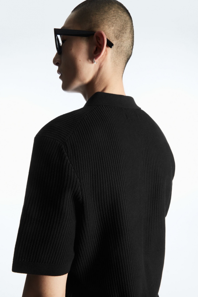 Men's COS Textured Knitted Polo Shirts Black NZ-78JITXMRY