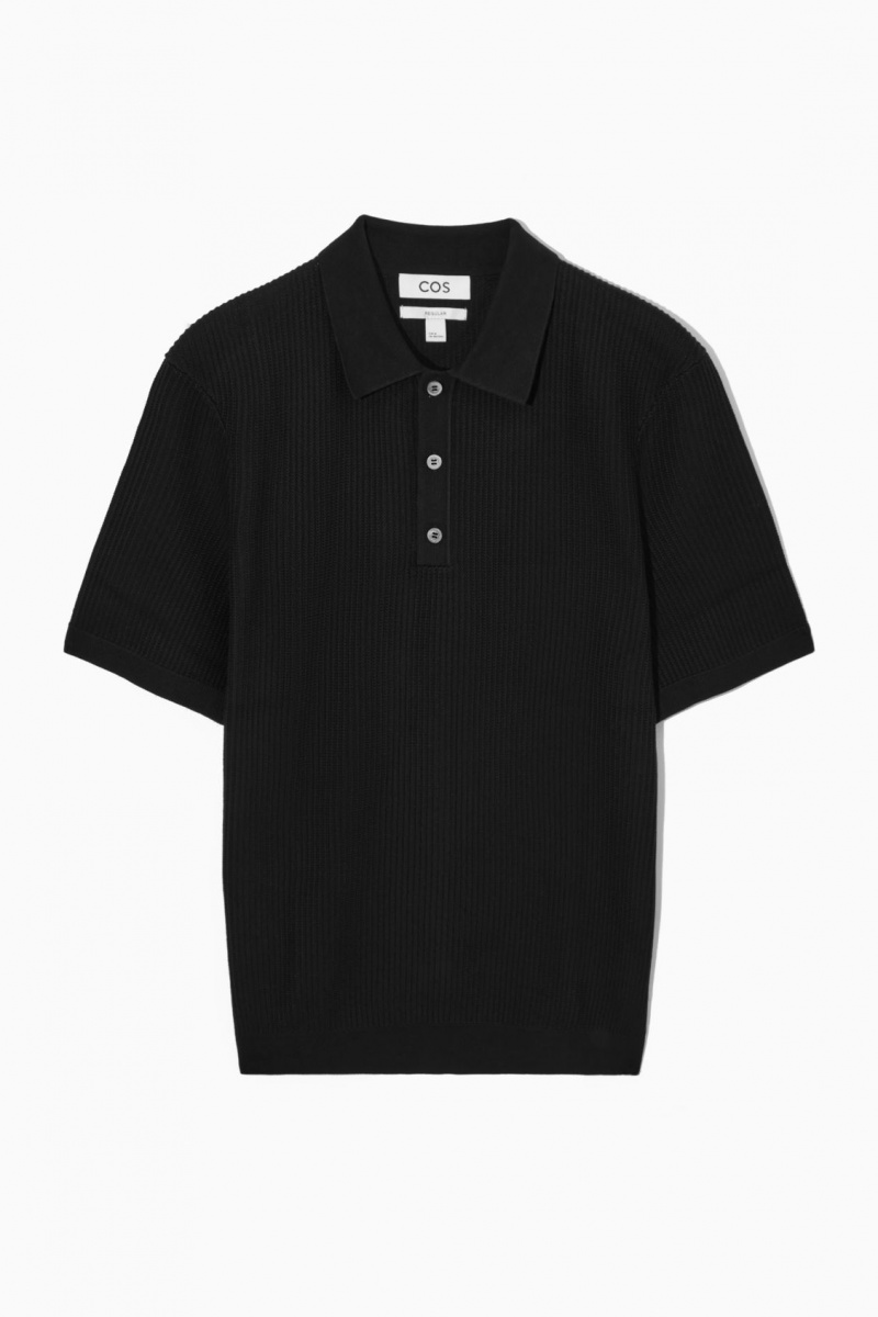Men's COS Textured Knitted Polo Shirts Black NZ-78JITXMRY