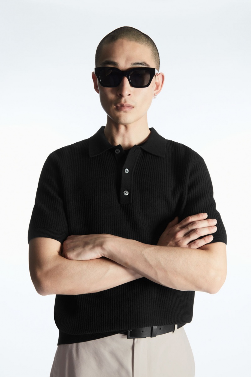 Men\'s COS Textured Knitted Polo Shirts Black NZ-78JITXMRY