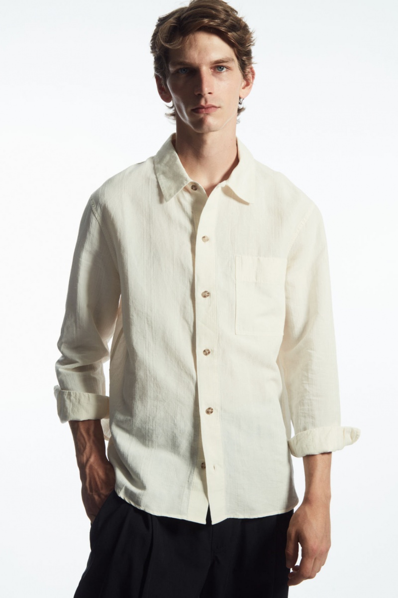 Men\'s COS Textured Linen-Blend Shirts White NZ-43XZIROQY