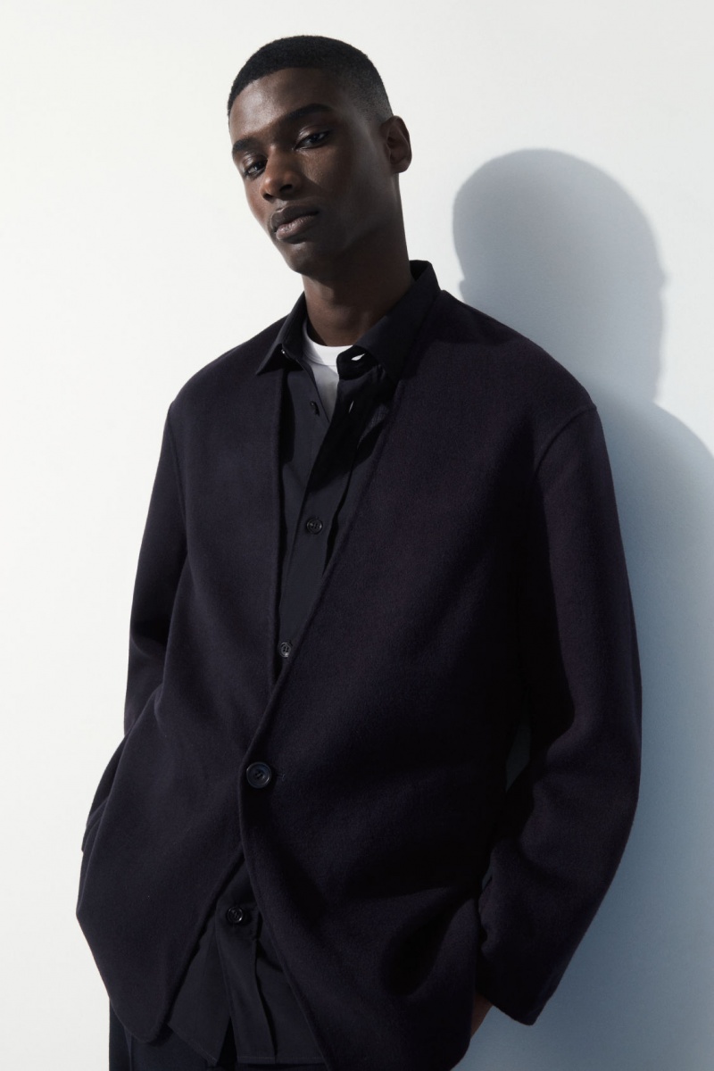 Men's COS The Collarless Wool Jackets Navy NZ-75HBMWZYP
