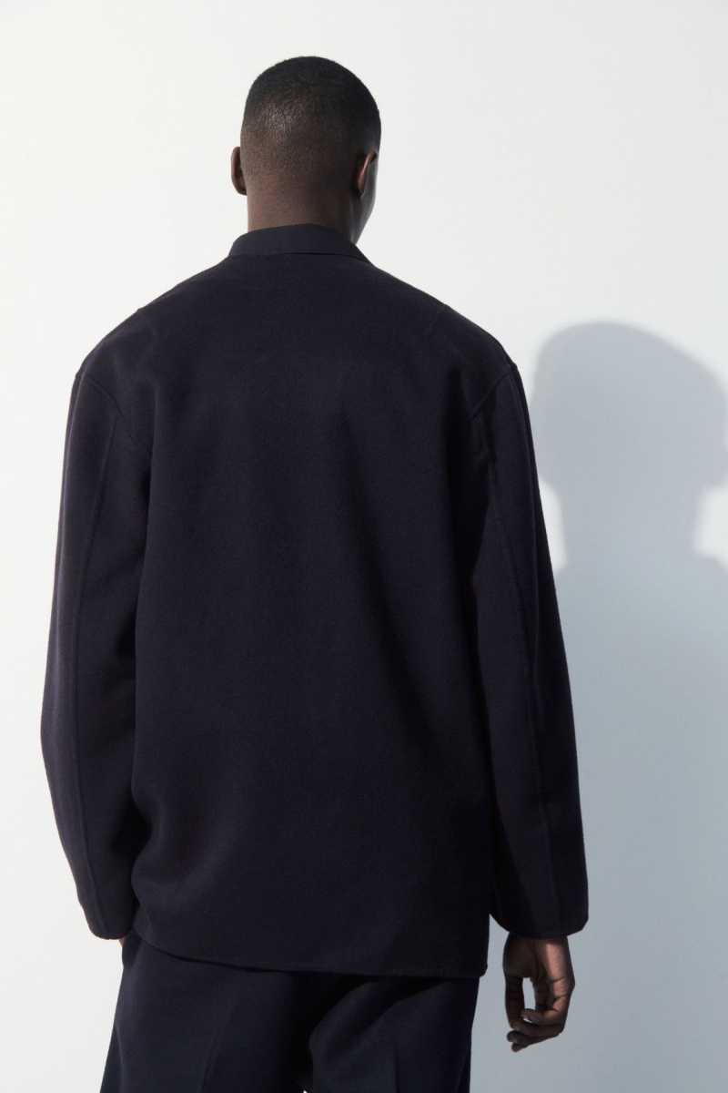 Men's COS The Collarless Wool Jackets Navy NZ-75HBMWZYP