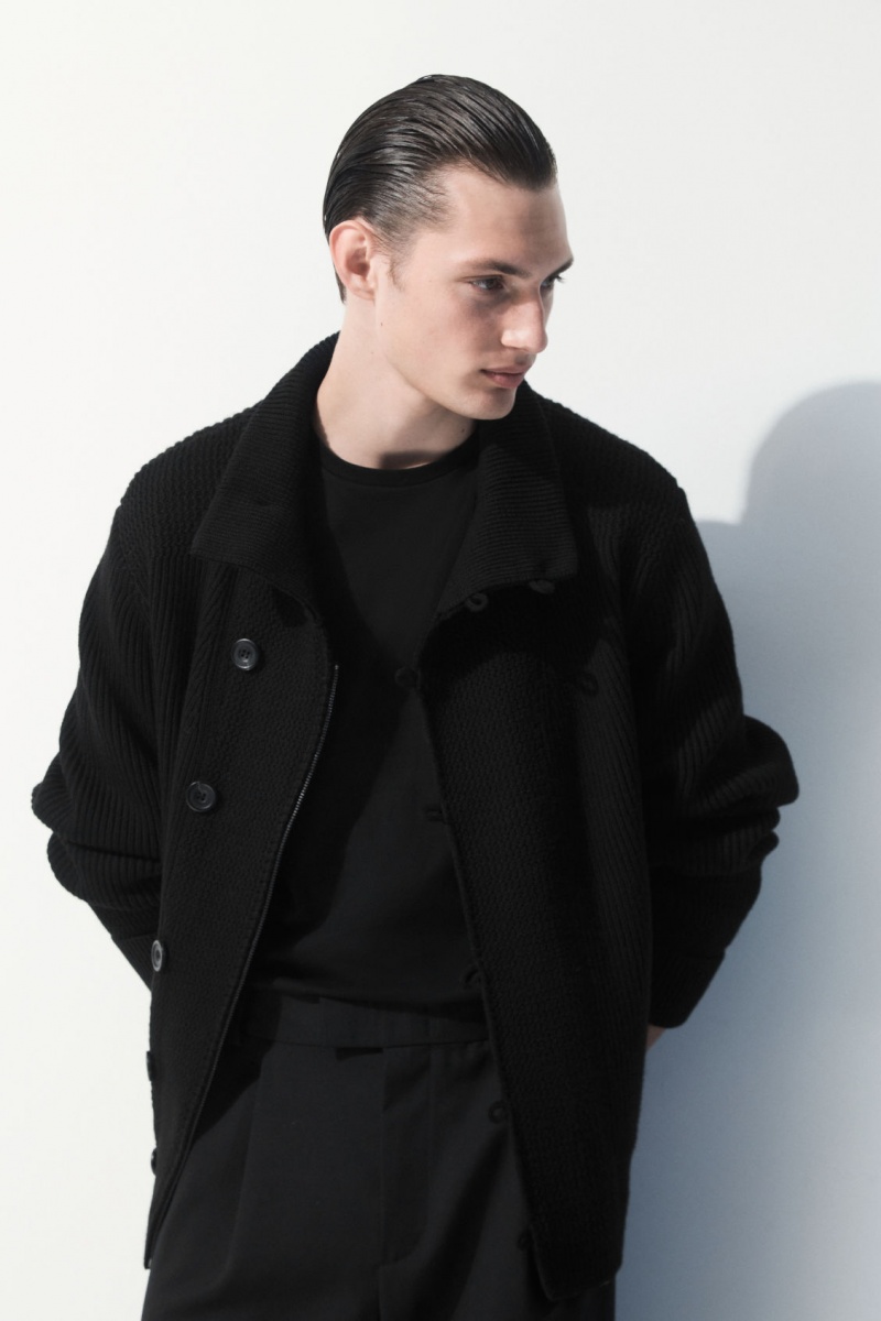 Men's COS The Funnel-Neck Knitted Wool Jackets Black NZ-23RGZCQFK