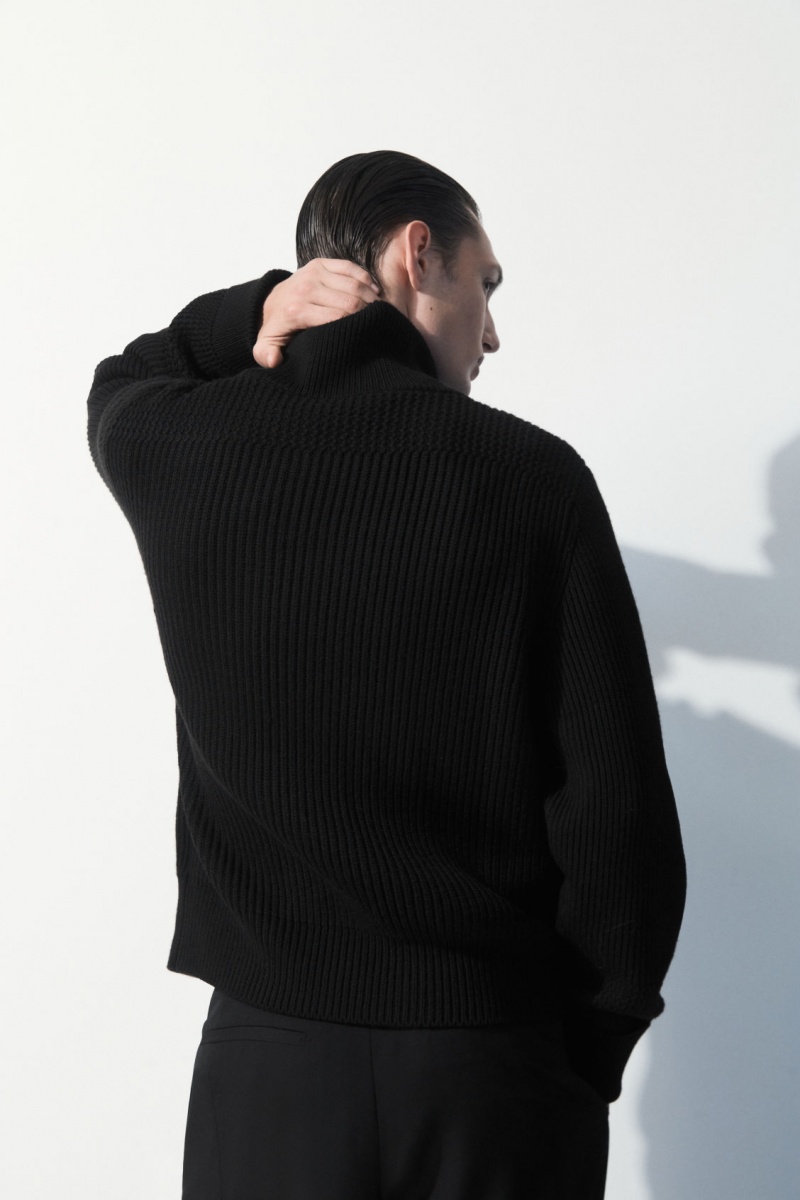 Men's COS The Funnel-Neck Knitted Wool Jackets Black NZ-23RGZCQFK
