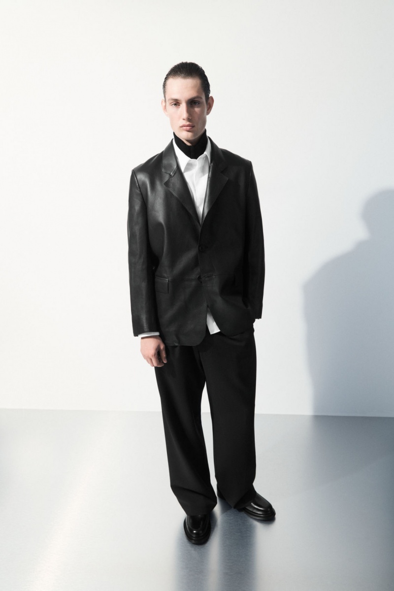 Men's COS The Single-Breasted Leather Blazer Black NZ-13HCGDQXE