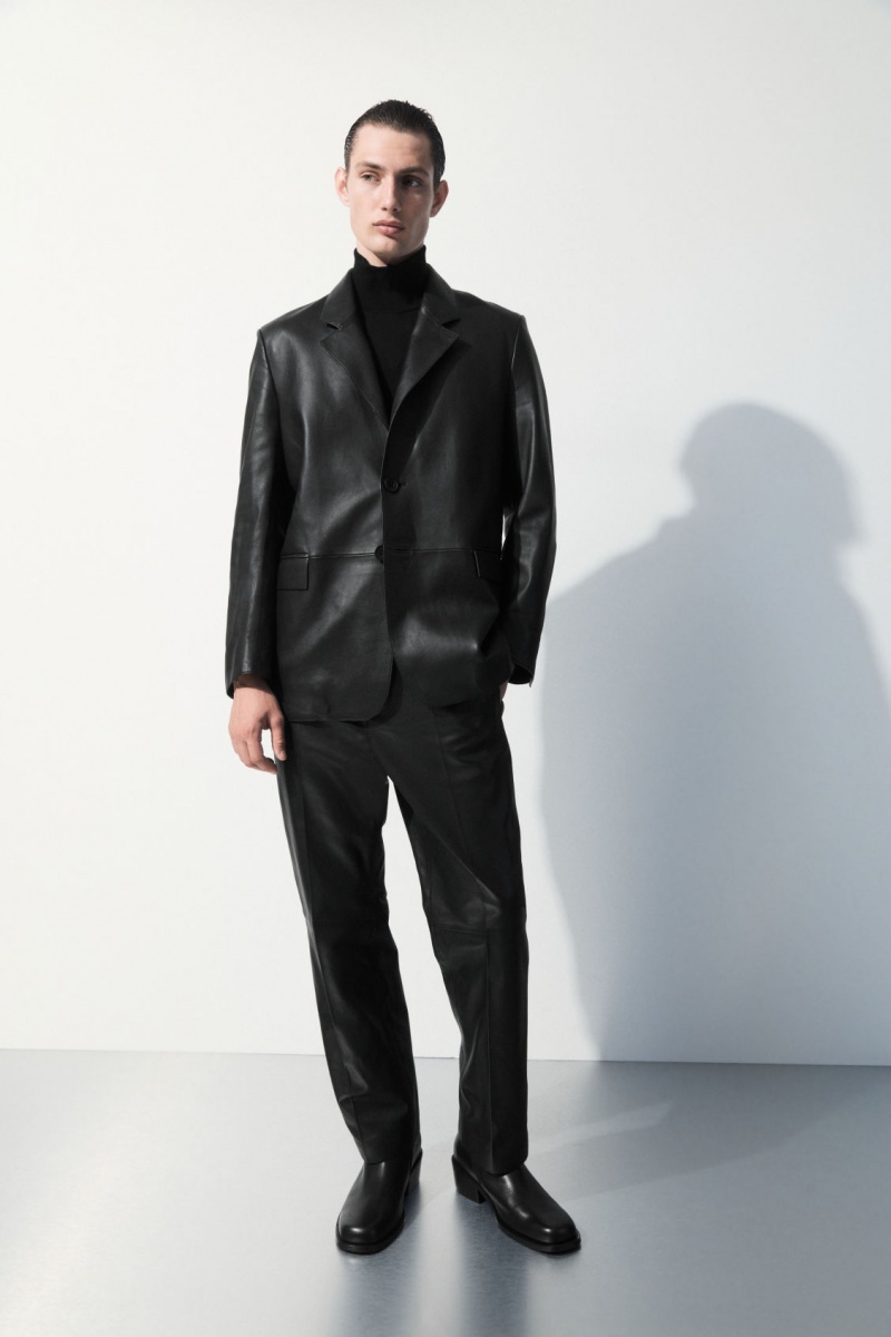Men's COS The Single-Breasted Leather Blazer Black NZ-13HCGDQXE