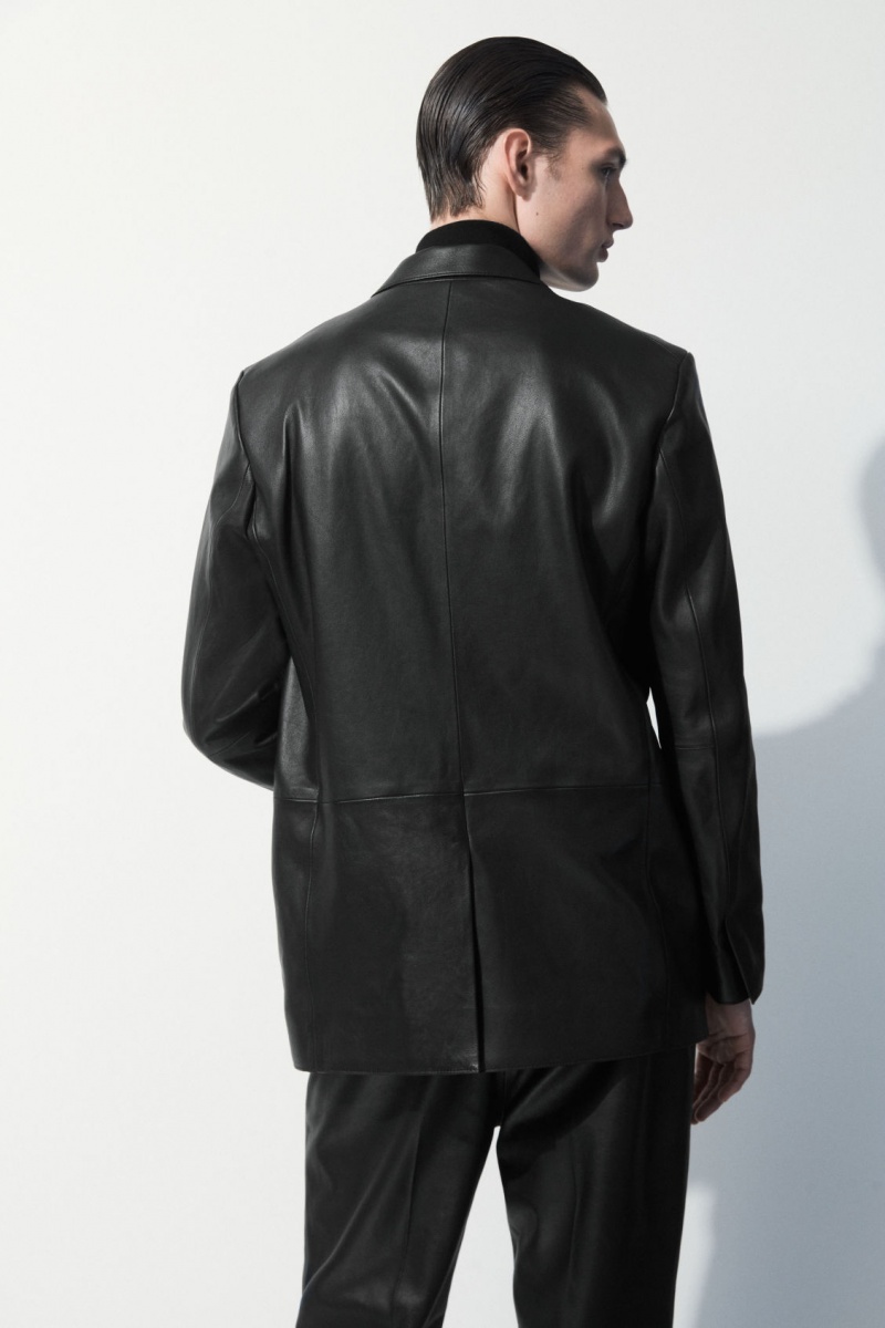 Men's COS The Single-Breasted Leather Blazer Black NZ-13HCGDQXE