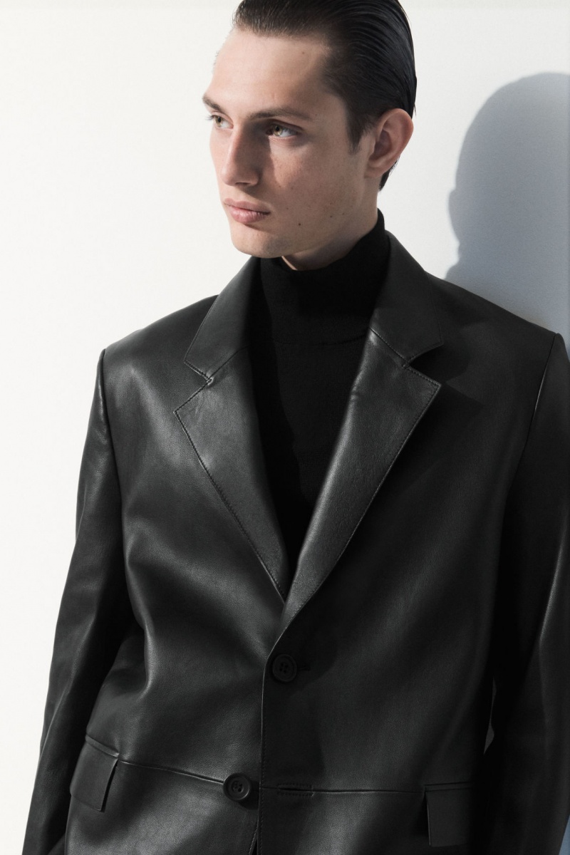 Men's COS The Single-Breasted Leather Blazer Black NZ-13HCGDQXE