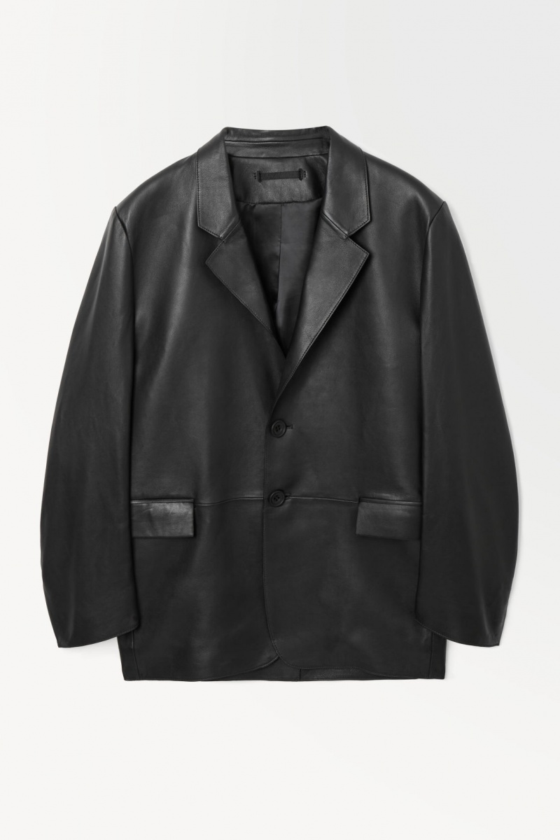 Men's COS The Single-Breasted Leather Blazer Black NZ-13HCGDQXE