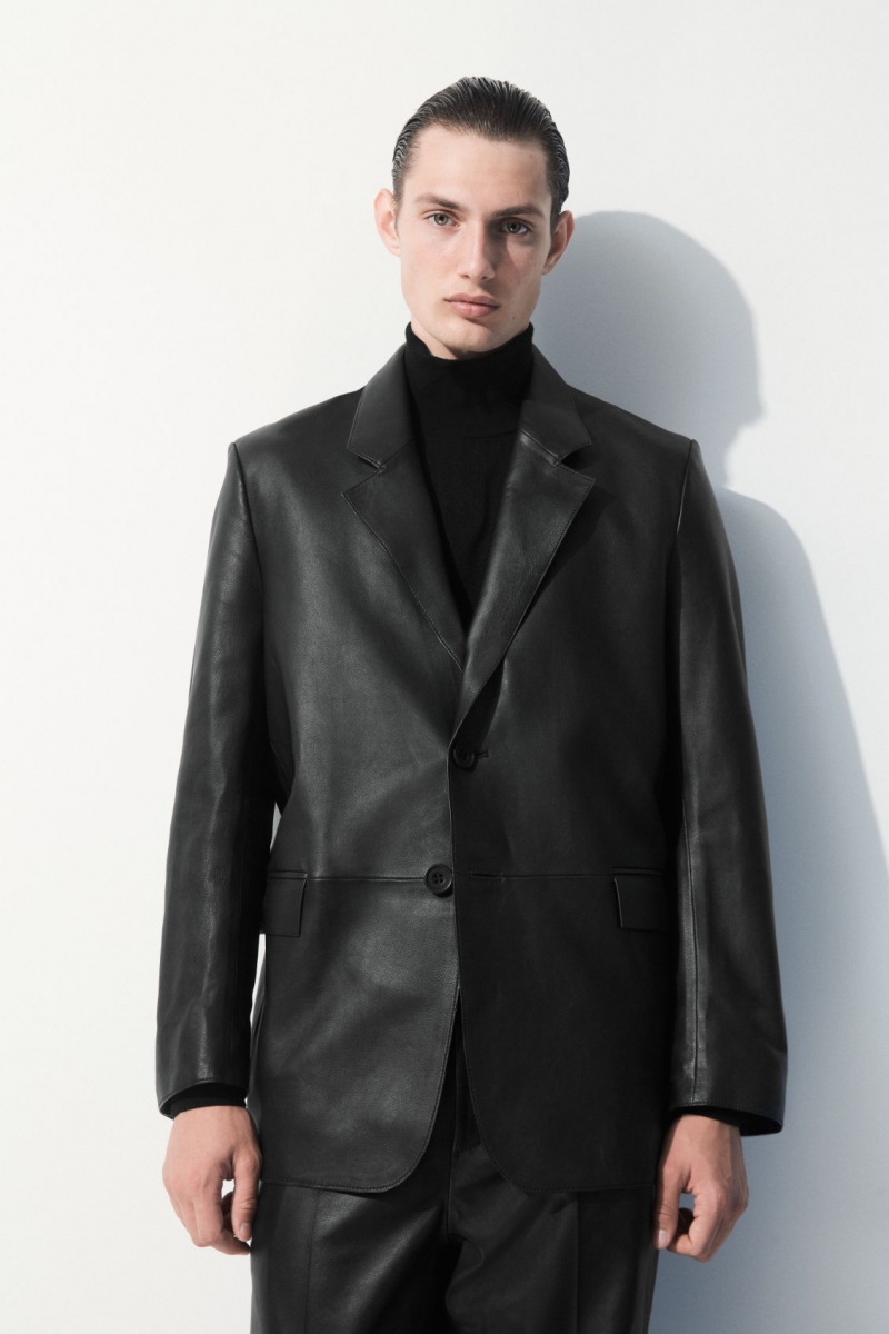 Men\'s COS The Single-Breasted Leather Blazer Black NZ-13HCGDQXE