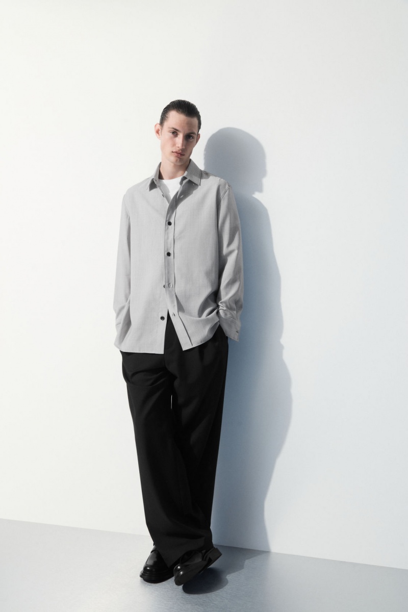 Men\'s COS The Tailored Wool Shirts Black / White NZ-86BNXMZLG
