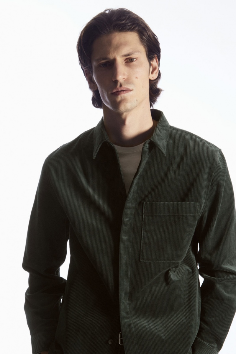 Men's COS Utility-Style Corduroy Overshirt Shirts Dark Green NZ-89ARVEBOZ