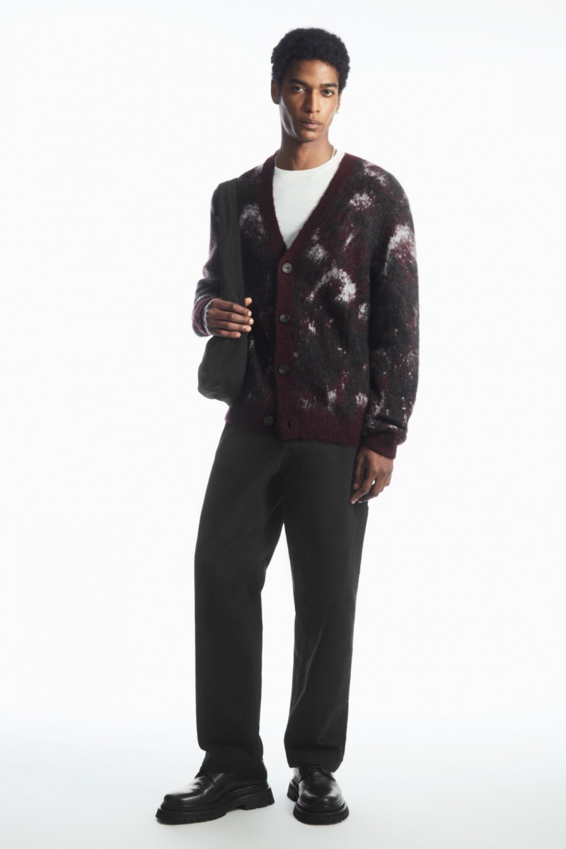 Men's COS V-Neck Brushed Mohair-Blend Cardigan Burgundy / Black NZ-59FSHUYME