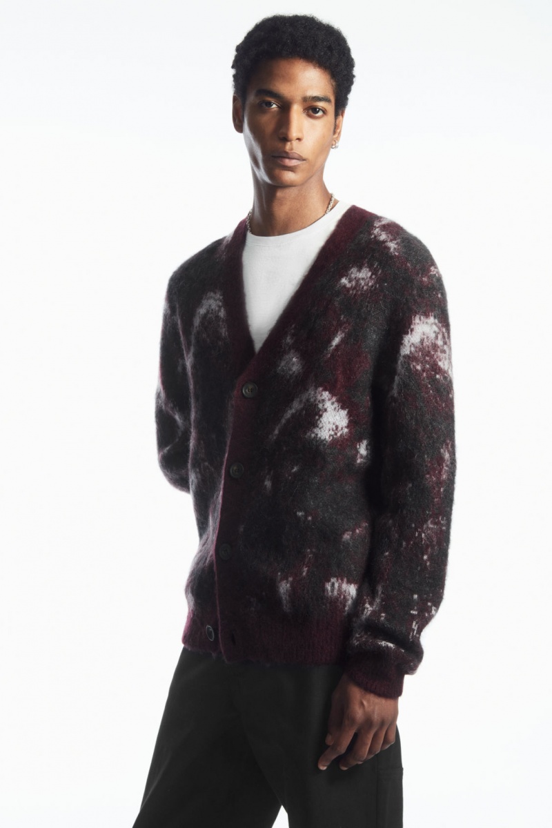 Men\'s COS V-Neck Brushed Mohair-Blend Cardigan Burgundy / Black NZ-59FSHUYME