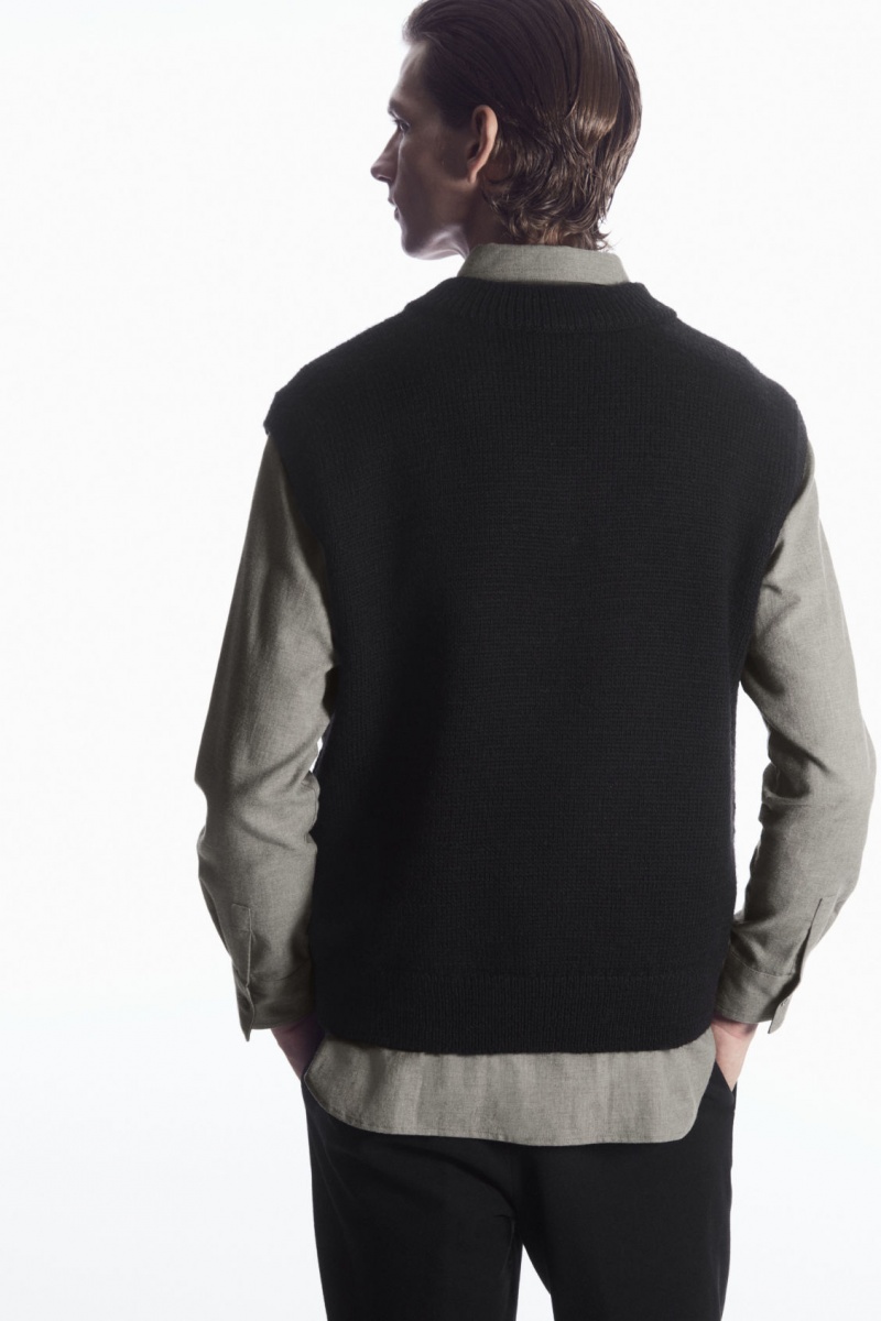 Men's COS V-Neck Textured-Wool Vest Black NZ-51PYWLJDZ