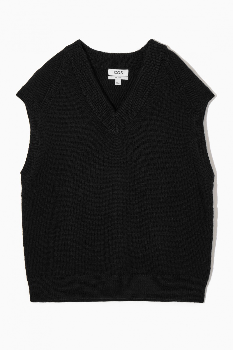 Men's COS V-Neck Textured-Wool Vest Black NZ-51PYWLJDZ